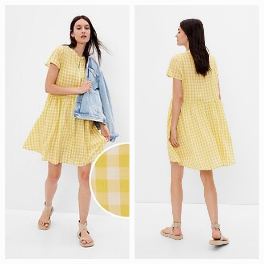 NWT GAP Empire Waist Baby Doll Yellow Gingham Mini Dress XS